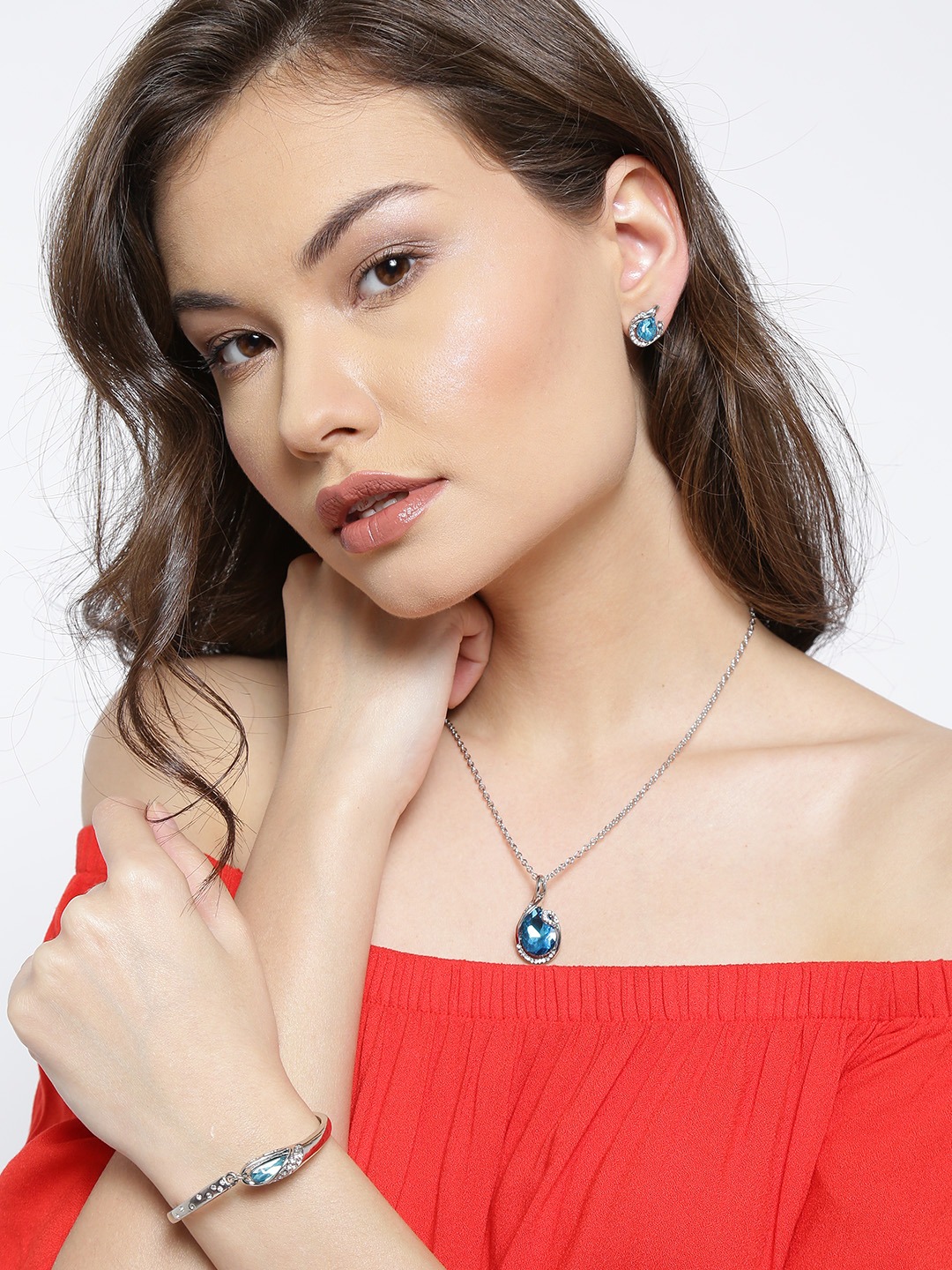 YouBella Silver-Toned  Blue Stone-Studded Jewellery Set